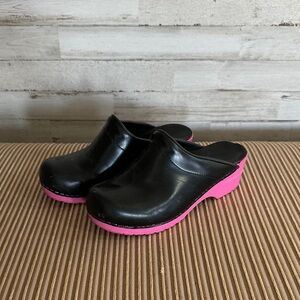 Sanita Black and Pink Leather Women's Clogs